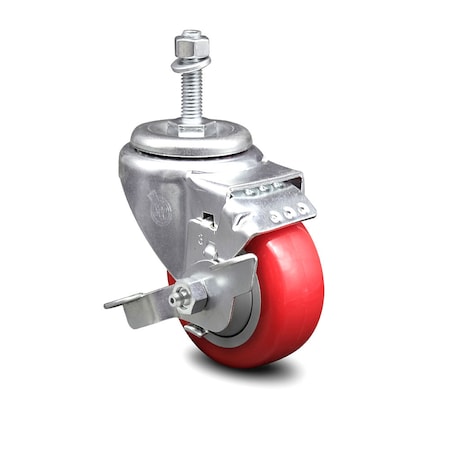 Service Caster 3 Inch Red Polyurethane Wheel Swivel 3/8 Inch Threaded Stem Caster with Brake SCC-TS20S314-PPUB-RED-TLB-381615